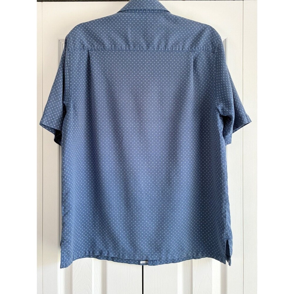 100% Silk Shirt Mens M Blue Geometric Print Short Sleeve Resort Wear Vacation - Picture 5 of 10